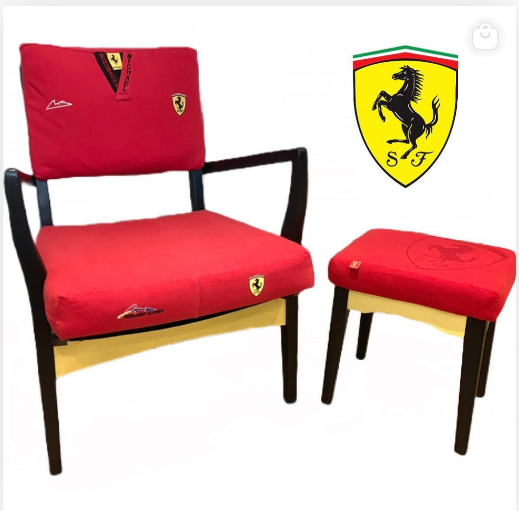 1930’s Firmback Chair and Footstool in Genuine Ferrari Upholstery